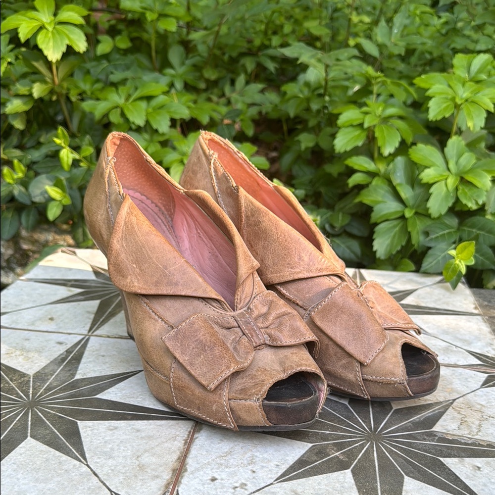 Tan Peep-Toe Lace-Up Heels